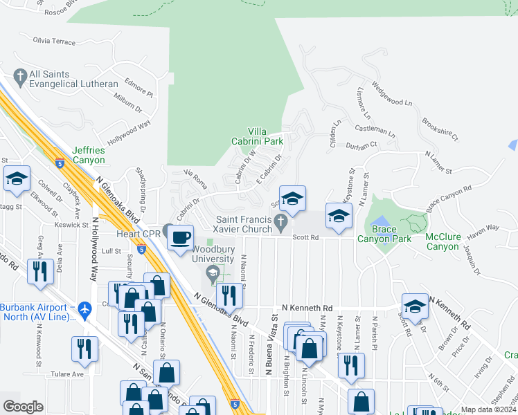 map of restaurants, bars, coffee shops, grocery stores, and more near 7755 Vía Rosa Maria in Burbank