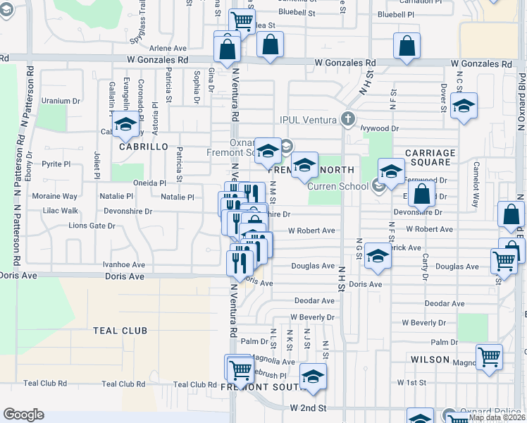 map of restaurants, bars, coffee shops, grocery stores, and more near 1325 Devonshire Drive in Oxnard
