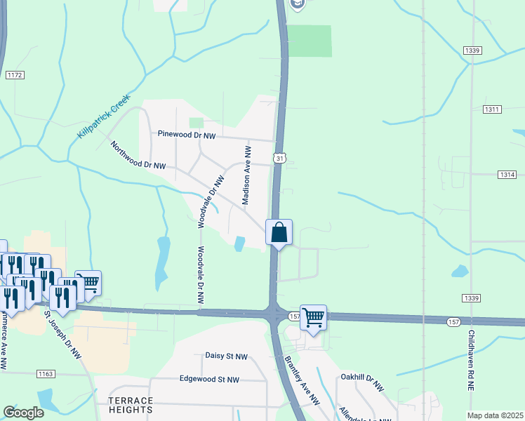 map of restaurants, bars, coffee shops, grocery stores, and more near 2122 Madison Avenue Northwest in Cullman