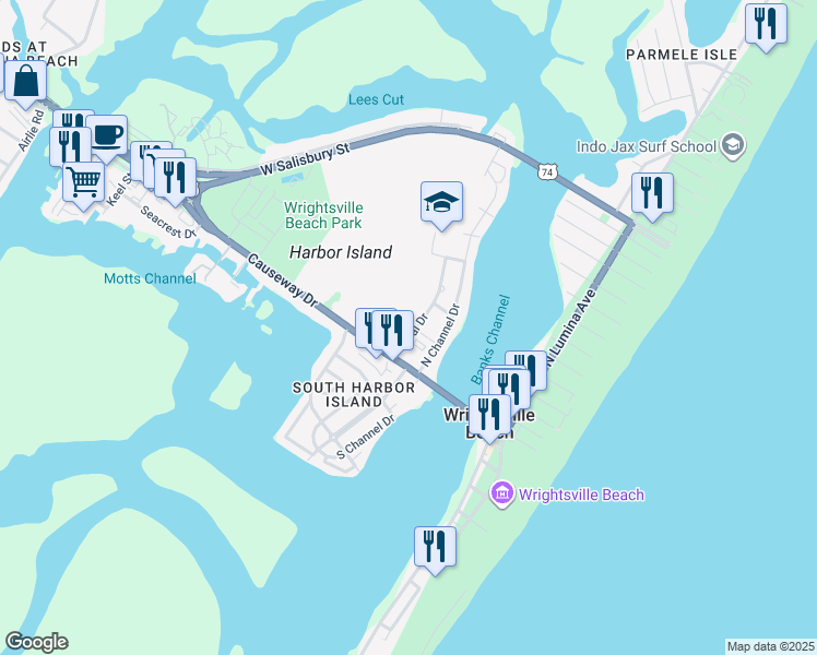 map of restaurants, bars, coffee shops, grocery stores, and more near 17 Coral Drive in Wrightsville Beach