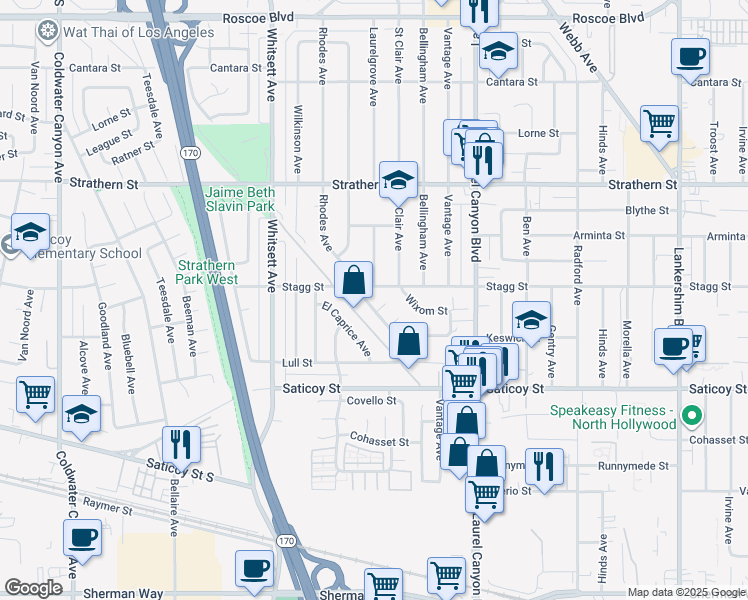 map of restaurants, bars, coffee shops, grocery stores, and more near 12300 Stagg Street in Los Angeles