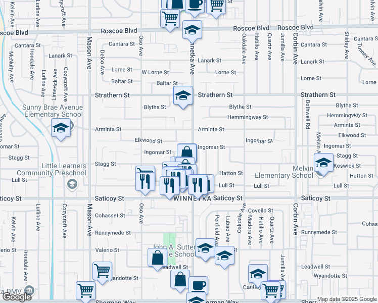 map of restaurants, bars, coffee shops, grocery stores, and more near 7735 Winnetka Avenue in Los Angeles