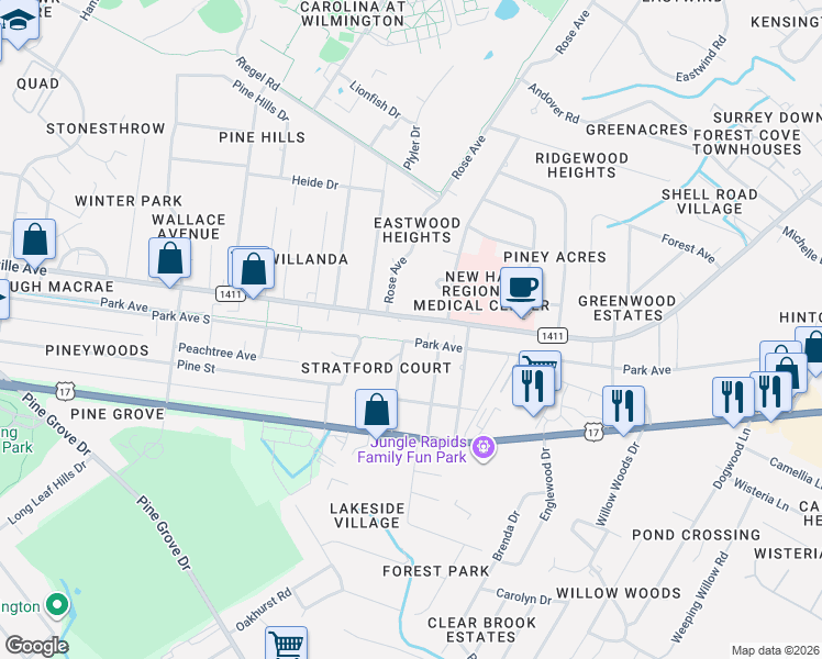 map of restaurants, bars, coffee shops, grocery stores, and more near in Wilmington
