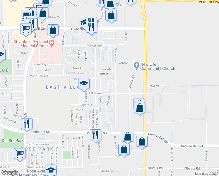 map of restaurants, bars, coffee shops, grocery stores, and more near 1020 Via Brisas in Oxnard