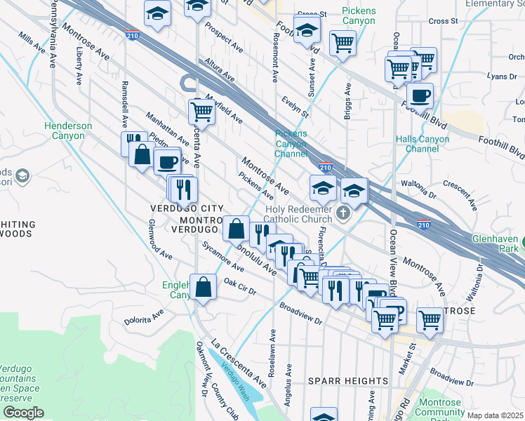 map of restaurants, bars, coffee shops, grocery stores, and more near 2621 Piedmont Avenue in Glendale