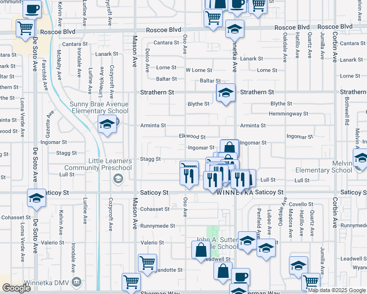 map of restaurants, bars, coffee shops, grocery stores, and more near 20301 Ingomar Street in Los Angeles