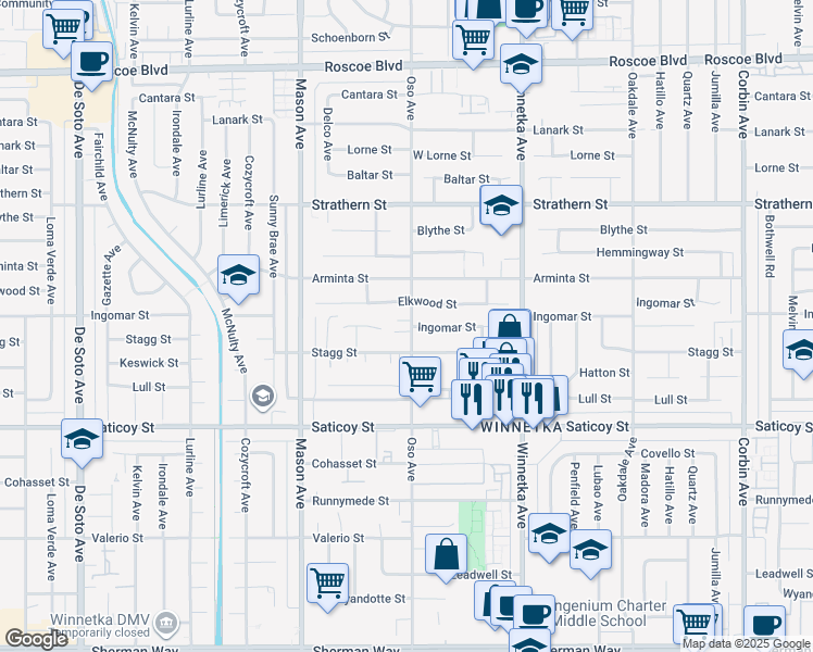 map of restaurants, bars, coffee shops, grocery stores, and more near 20301 Ingomar Street in Los Angeles