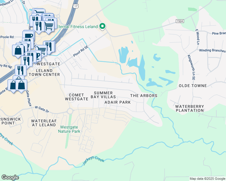 map of restaurants, bars, coffee shops, grocery stores, and more near 9473 Night Harbor Drive in Leland