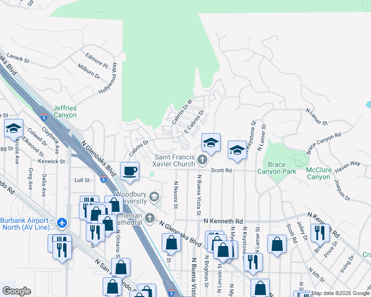 map of restaurants, bars, coffee shops, grocery stores, and more near 7757 Vía Rosa Maria in Burbank