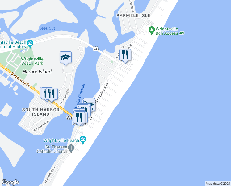 map of restaurants, bars, coffee shops, grocery stores, and more near 18 East Asheville Street in Wrightsville Beach