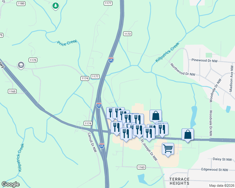 map of restaurants, bars, coffee shops, grocery stores, and more near 2374 Alabama 157 in Cullman