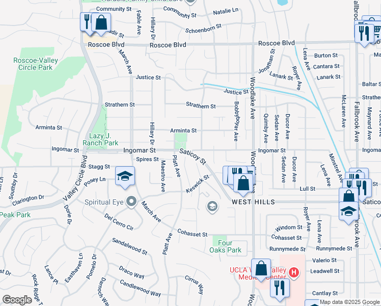map of restaurants, bars, coffee shops, grocery stores, and more near 23451 Ingomar Street in Los Angeles