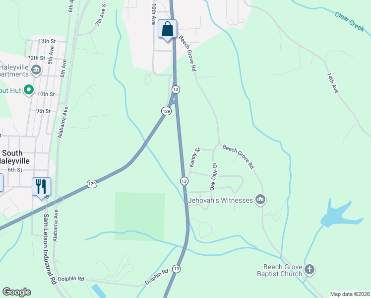 map of restaurants, bars, coffee shops, grocery stores, and more near 26-32 Kenny Street in Haleyville