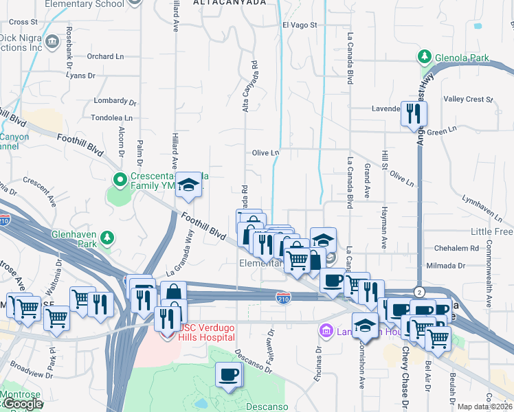 map of restaurants, bars, coffee shops, grocery stores, and more near 4603 Indiana Avenue in La Cañada Flintridge