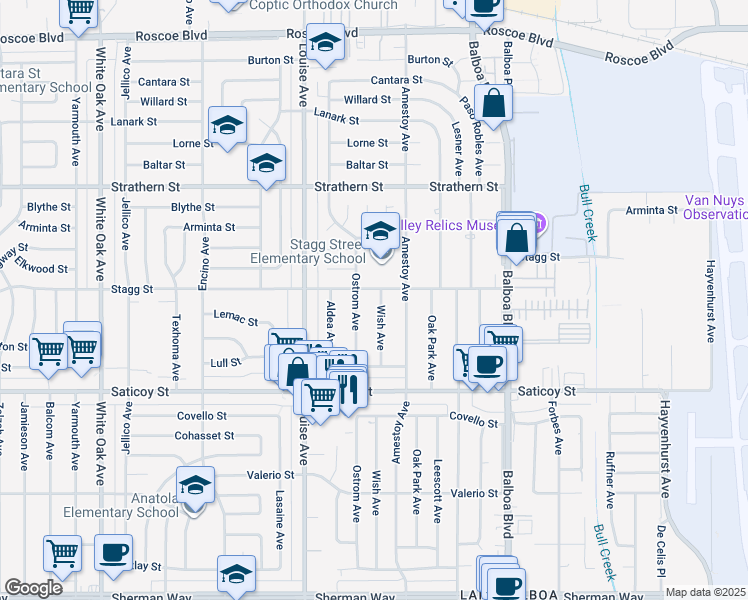 map of restaurants, bars, coffee shops, grocery stores, and more near 7745 Wish Avenue in Los Angeles