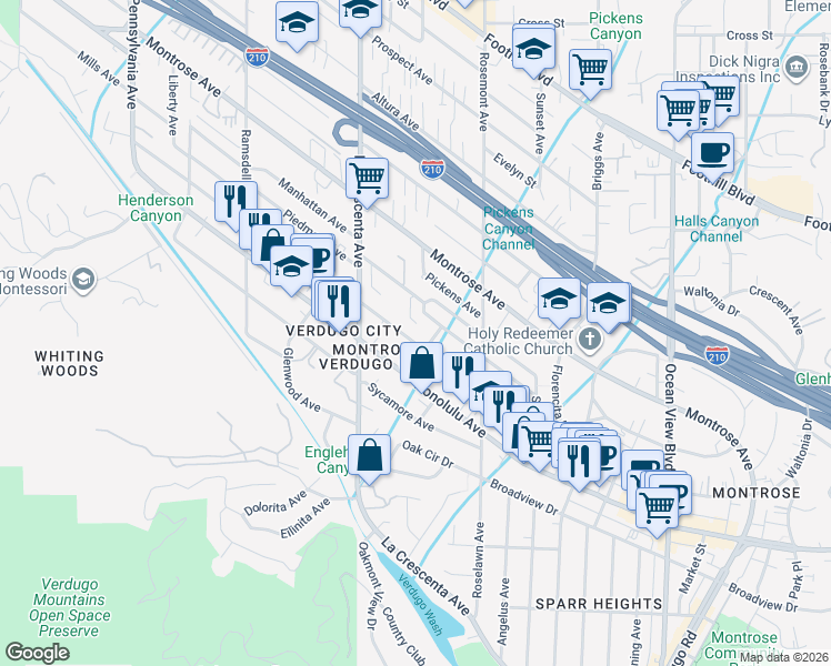 map of restaurants, bars, coffee shops, grocery stores, and more near 2713 Hermosa Avenue in Glendale