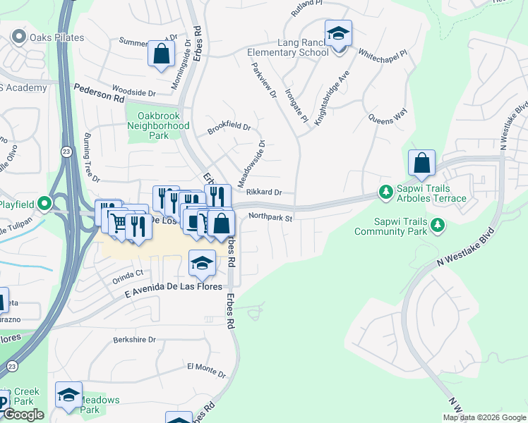 map of restaurants, bars, coffee shops, grocery stores, and more near 2267 Northpark Street in Thousand Oaks