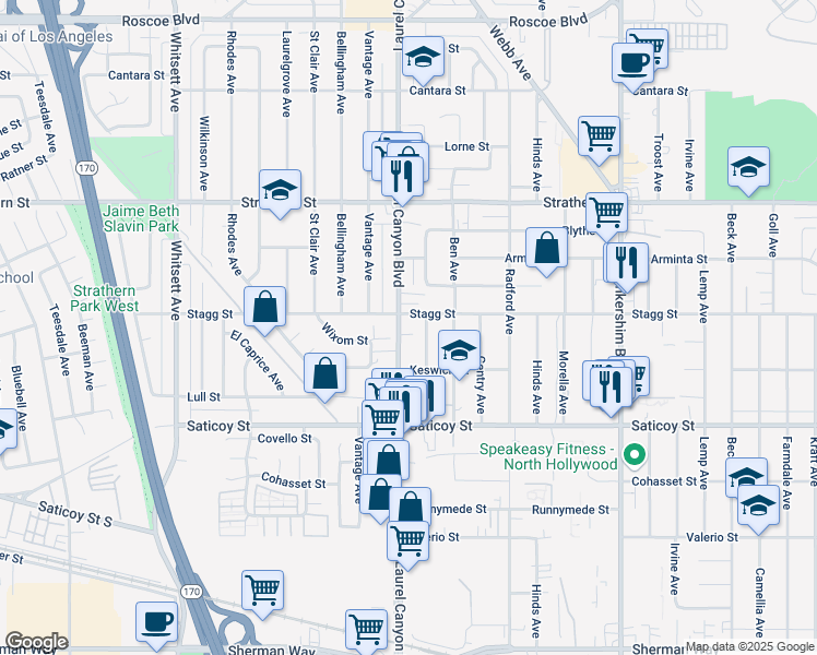 map of restaurants, bars, coffee shops, grocery stores, and more near 7750 Laurel Canyon Boulevard in Los Angeles