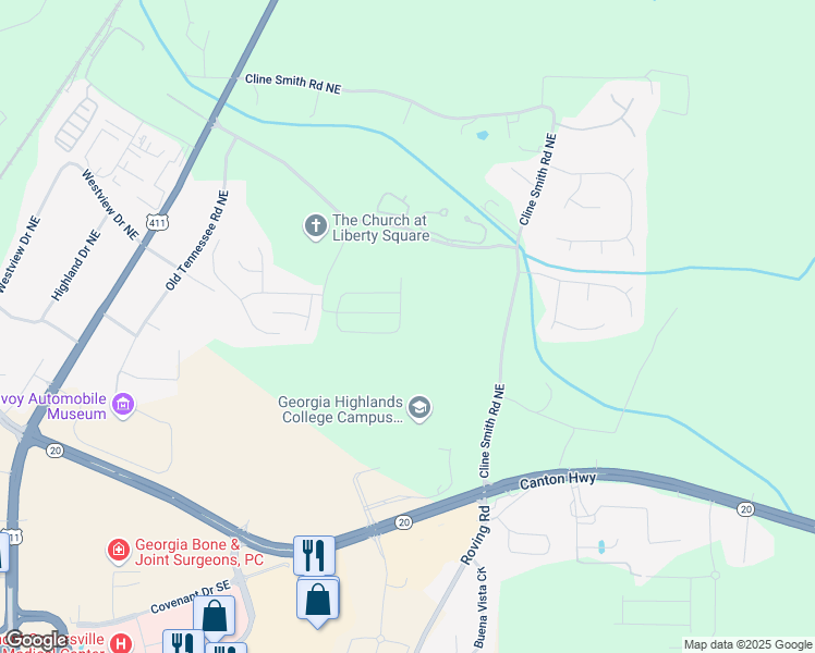 map of restaurants, bars, coffee shops, grocery stores, and more near 244 Eva Way in Cartersville