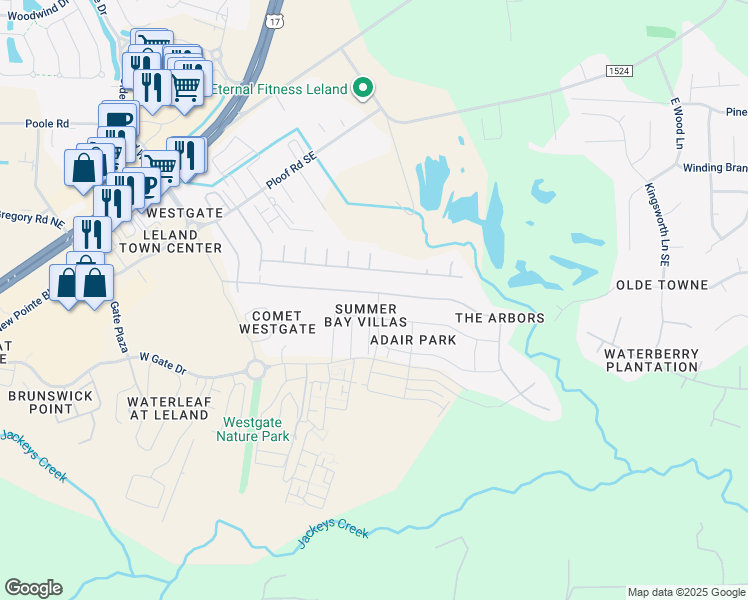map of restaurants, bars, coffee shops, grocery stores, and more near 9461 Night Harbor Drive in Leland