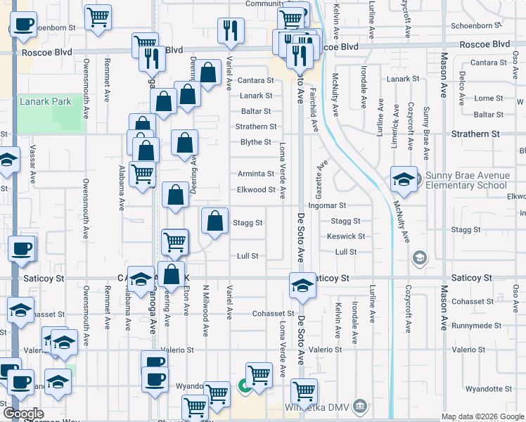 map of restaurants, bars, coffee shops, grocery stores, and more near 7767 Independence Avenue in Los Angeles