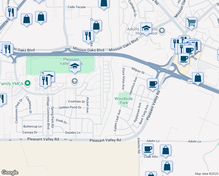 map of restaurants, bars, coffee shops, grocery stores, and more near 113 Camino Valverde in Camarillo