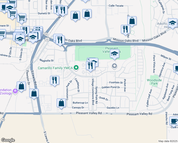 map of restaurants, bars, coffee shops, grocery stores, and more near 274 Riverdale Court in Camarillo
