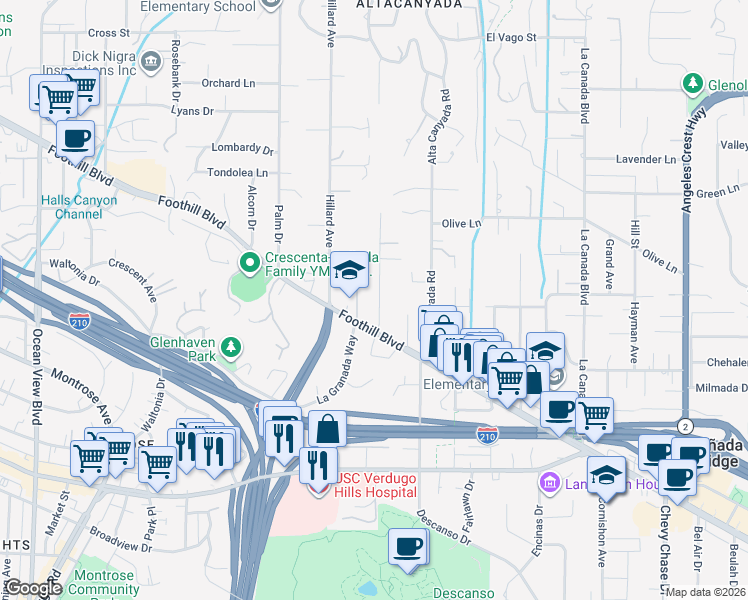 map of restaurants, bars, coffee shops, grocery stores, and more near 4531 El Camino Corto in La Cañada Flintridge