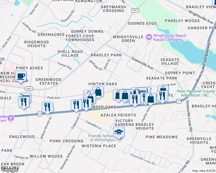 map of restaurants, bars, coffee shops, grocery stores, and more near 6001 Mariner Lane in Wilmington