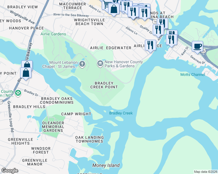 map of restaurants, bars, coffee shops, grocery stores, and more near 216 Bradley Creek Point Road in Wilmington