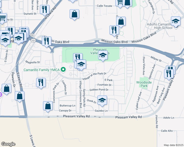 map of restaurants, bars, coffee shops, grocery stores, and more near 3412 Rockhampton Drive in Camarillo
