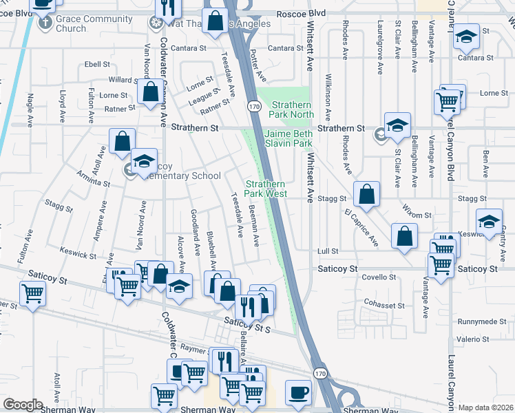 map of restaurants, bars, coffee shops, grocery stores, and more near 12628 Stagg Street in Los Angeles