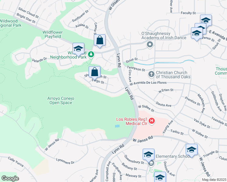 map of restaurants, bars, coffee shops, grocery stores, and more near 473 West Avenida De Las Flores in Thousand Oaks