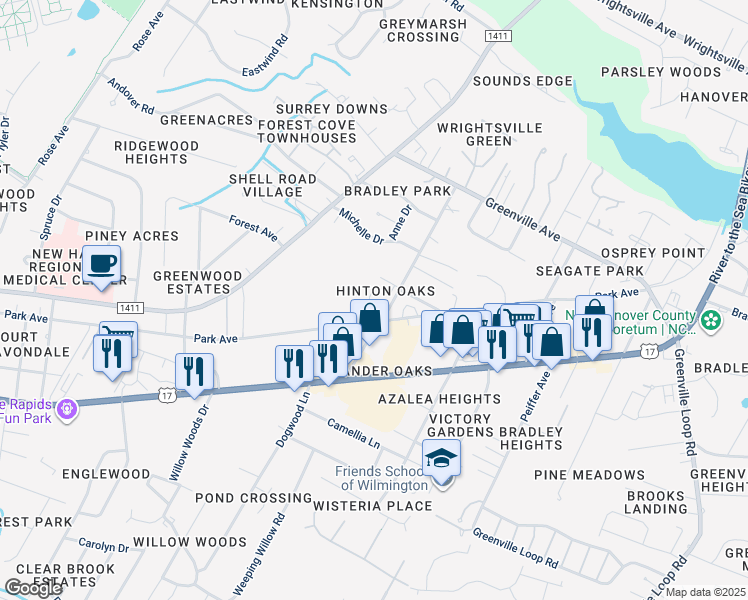 map of restaurants, bars, coffee shops, grocery stores, and more near 5623 Juneberry Court in Wilmington