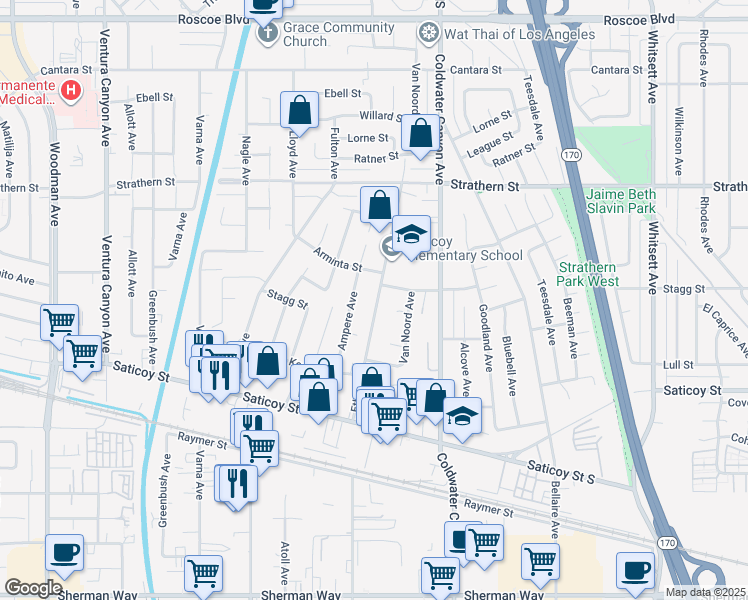 map of restaurants, bars, coffee shops, grocery stores, and more near 7755 Ethel Avenue in Los Angeles