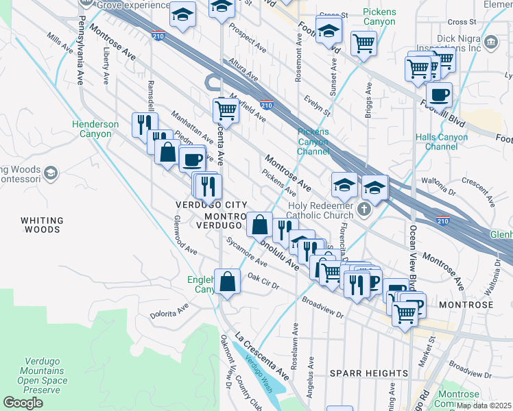 map of restaurants, bars, coffee shops, grocery stores, and more near 2658 Piedmont Avenue in Glendale