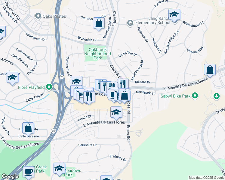 map of restaurants, bars, coffee shops, grocery stores, and more near 1997 Shady Brook Drive in Thousand Oaks