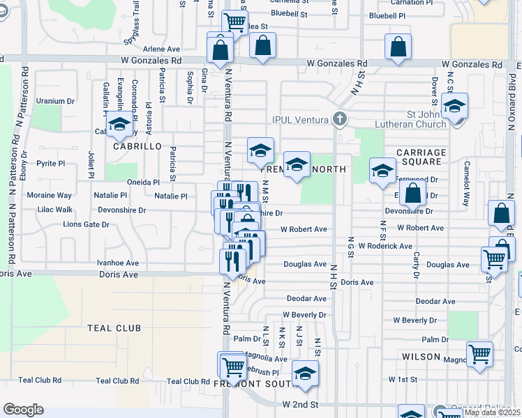 map of restaurants, bars, coffee shops, grocery stores, and more near 1326 Edgewood Way in Oxnard