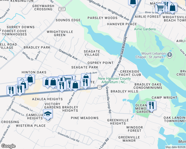 map of restaurants, bars, coffee shops, grocery stores, and more near 6015 Park Avenue in Wilmington