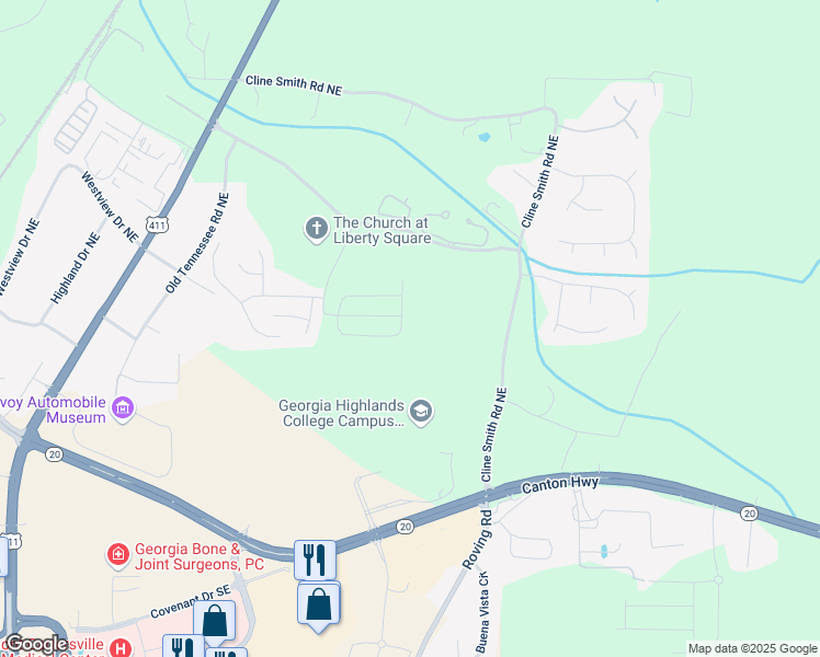 map of restaurants, bars, coffee shops, grocery stores, and more near 244 Eva Way in Cartersville