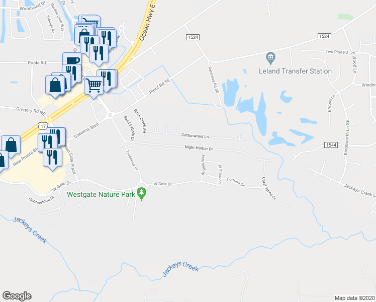 map of restaurants, bars, coffee shops, grocery stores, and more near 9447 Night Harbor Drive in Leland