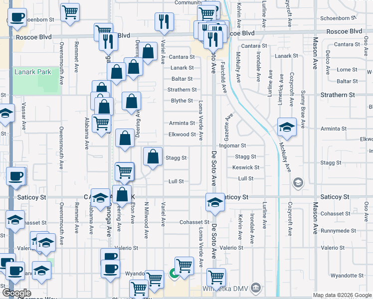 map of restaurants, bars, coffee shops, grocery stores, and more near 7767 Independence Avenue in Los Angeles
