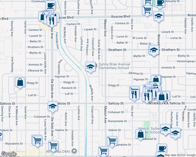 map of restaurants, bars, coffee shops, grocery stores, and more near 20532 Ingomar Street in Los Angeles