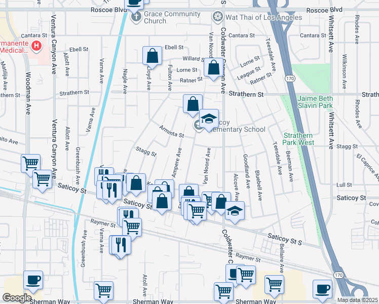 map of restaurants, bars, coffee shops, grocery stores, and more near 7755 Ethel Avenue in Los Angeles