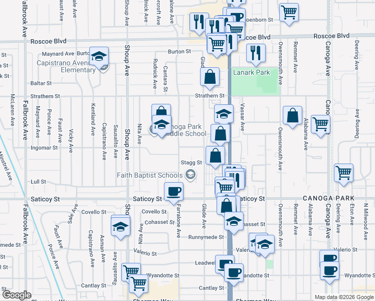 map of restaurants, bars, coffee shops, grocery stores, and more near 22139 Ingomar Street in Los Angeles
