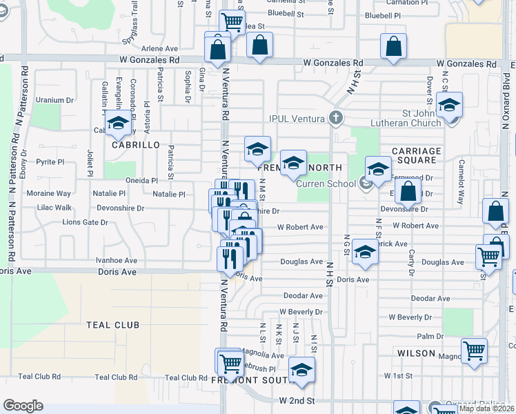 map of restaurants, bars, coffee shops, grocery stores, and more near 1326 Edgewood Way in Oxnard