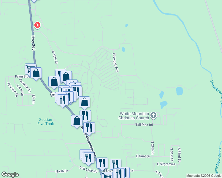 map of restaurants, bars, coffee shops, grocery stores, and more near 2220 East Quarter Horse Way in Show Low