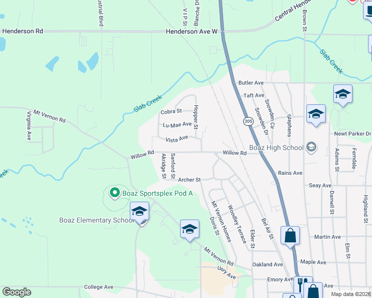 map of restaurants, bars, coffee shops, grocery stores, and more near 503 Willow Road in Boaz