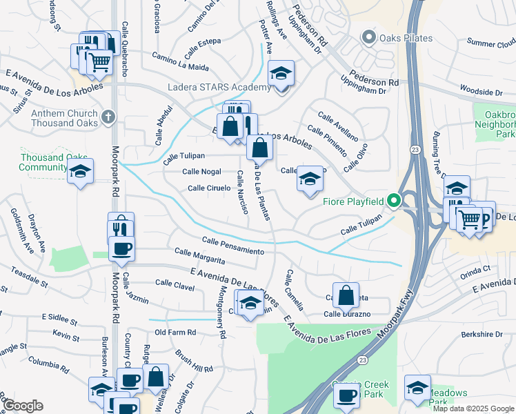 map of restaurants, bars, coffee shops, grocery stores, and more near 2465 Avenida De Las Plantas in Thousand Oaks