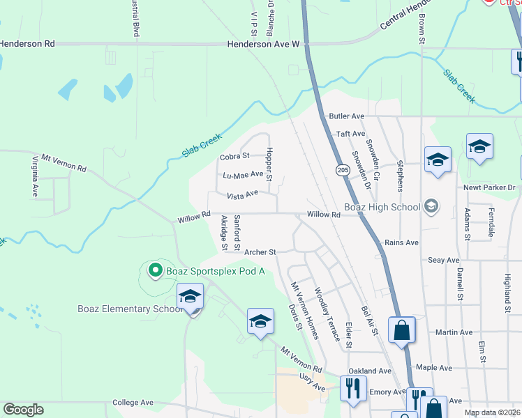 map of restaurants, bars, coffee shops, grocery stores, and more near 503 Willow Road in Boaz